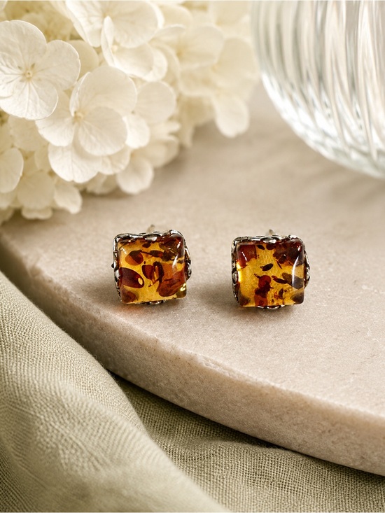 Jewelry - 925 Sterling Silver Baltic Amber Cube Stud Earrings Honey Cognac
